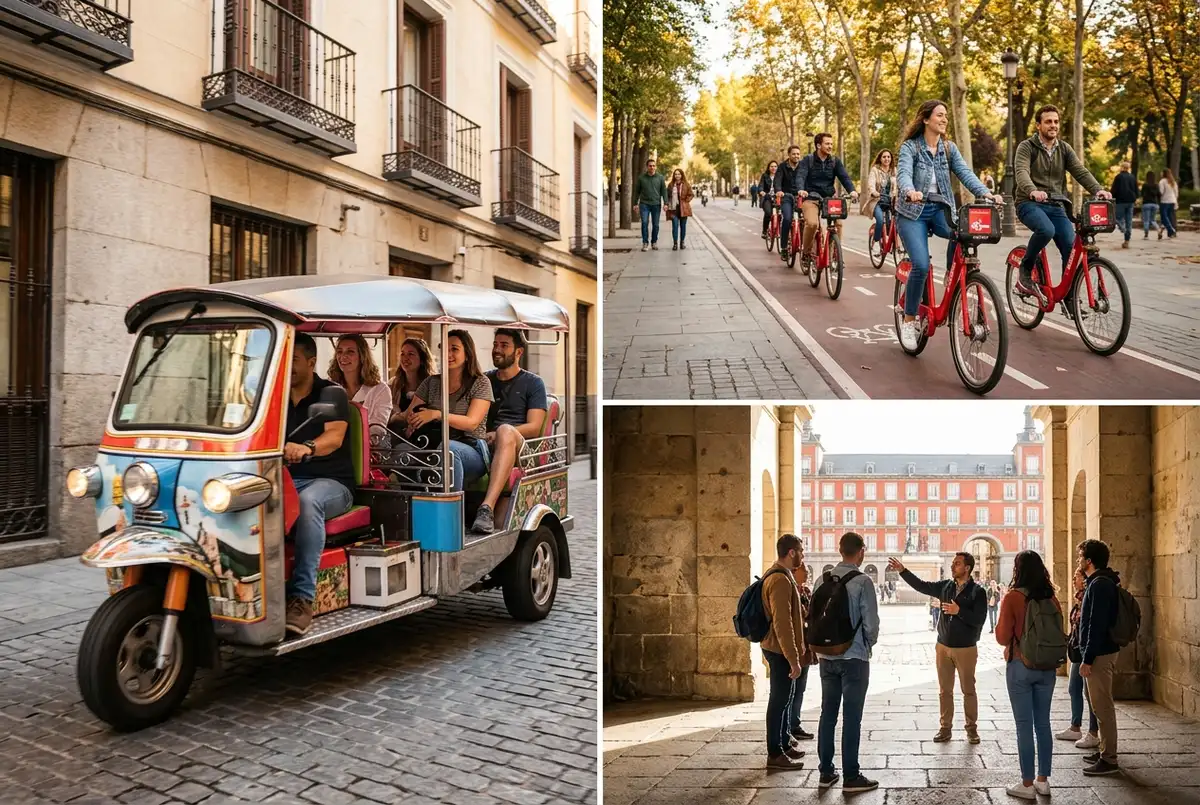 Collage di viaggio che mostra cosa fare a madrid oltre al bus turistico: un tuk tuk elettrico, una bici a noleggio e un gruppo a piedi vicino a Plaza Mayor