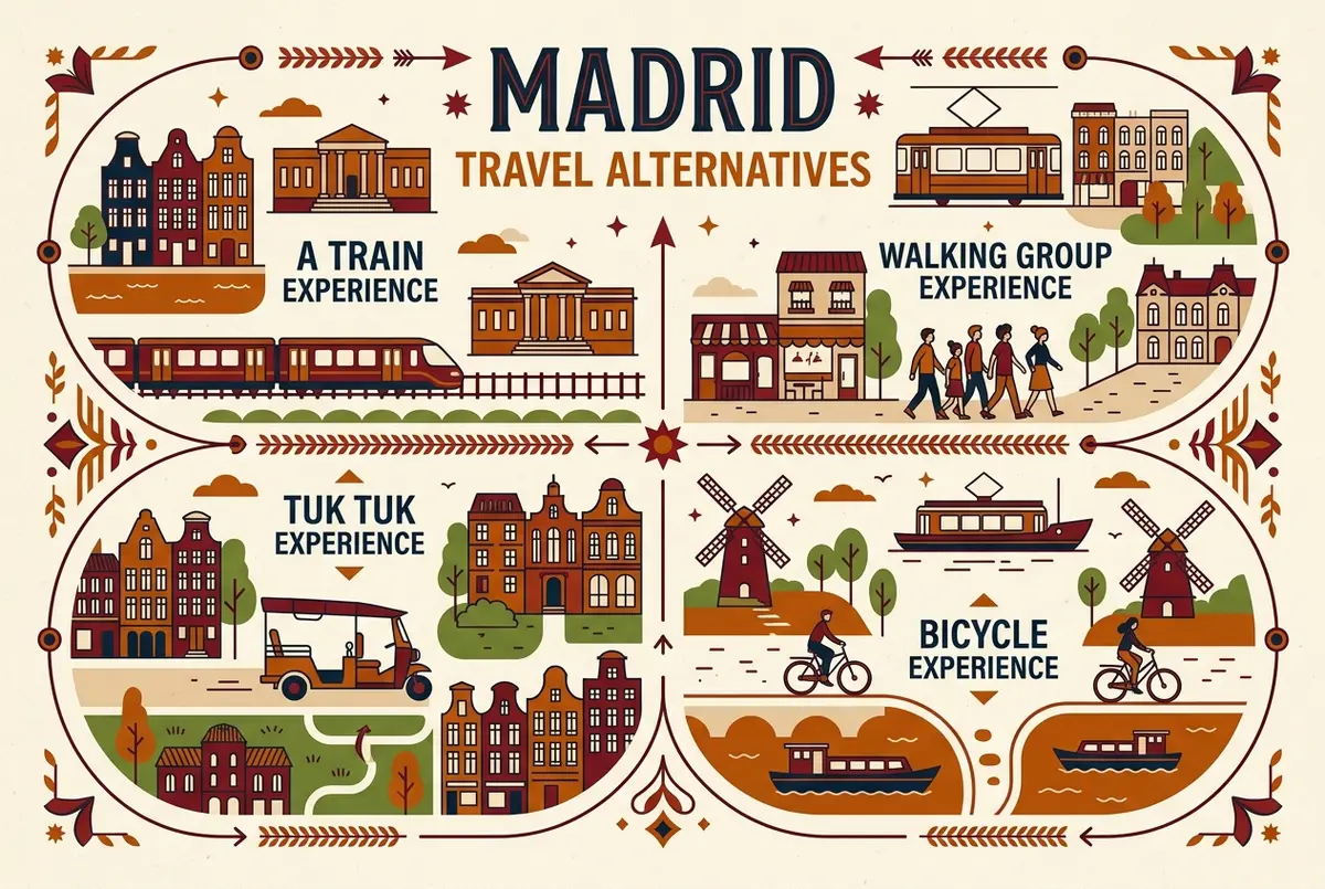 Mappa infografica che confronta le quattro esperienze alternative a Madrid, con icone generiche di treno, gruppo a piedi, tuk tuk e bicicletta senza testo sui prezzi