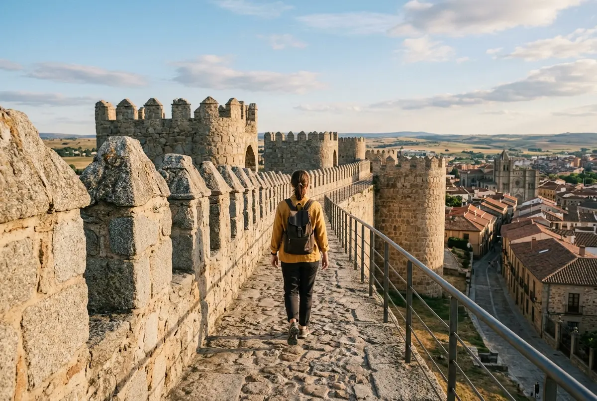 Traveler walking along Avila's medieval stone walls with sweeping Castilian countryside view, part of an avila and segovia tour from madrid