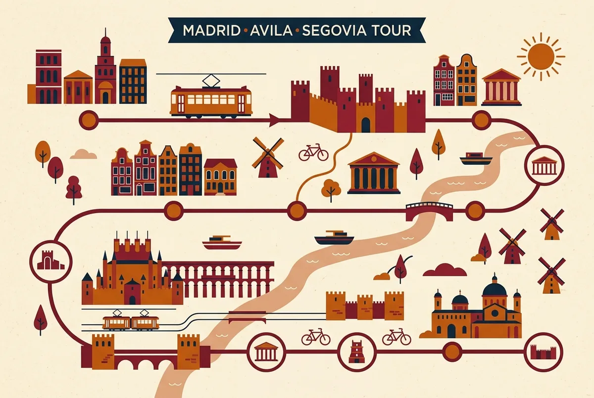 Timeline infographic mapping a one day itinerary from Madrid to Avila in the morning and Segovia in the afternoon, an avila and segovia tour from madrid