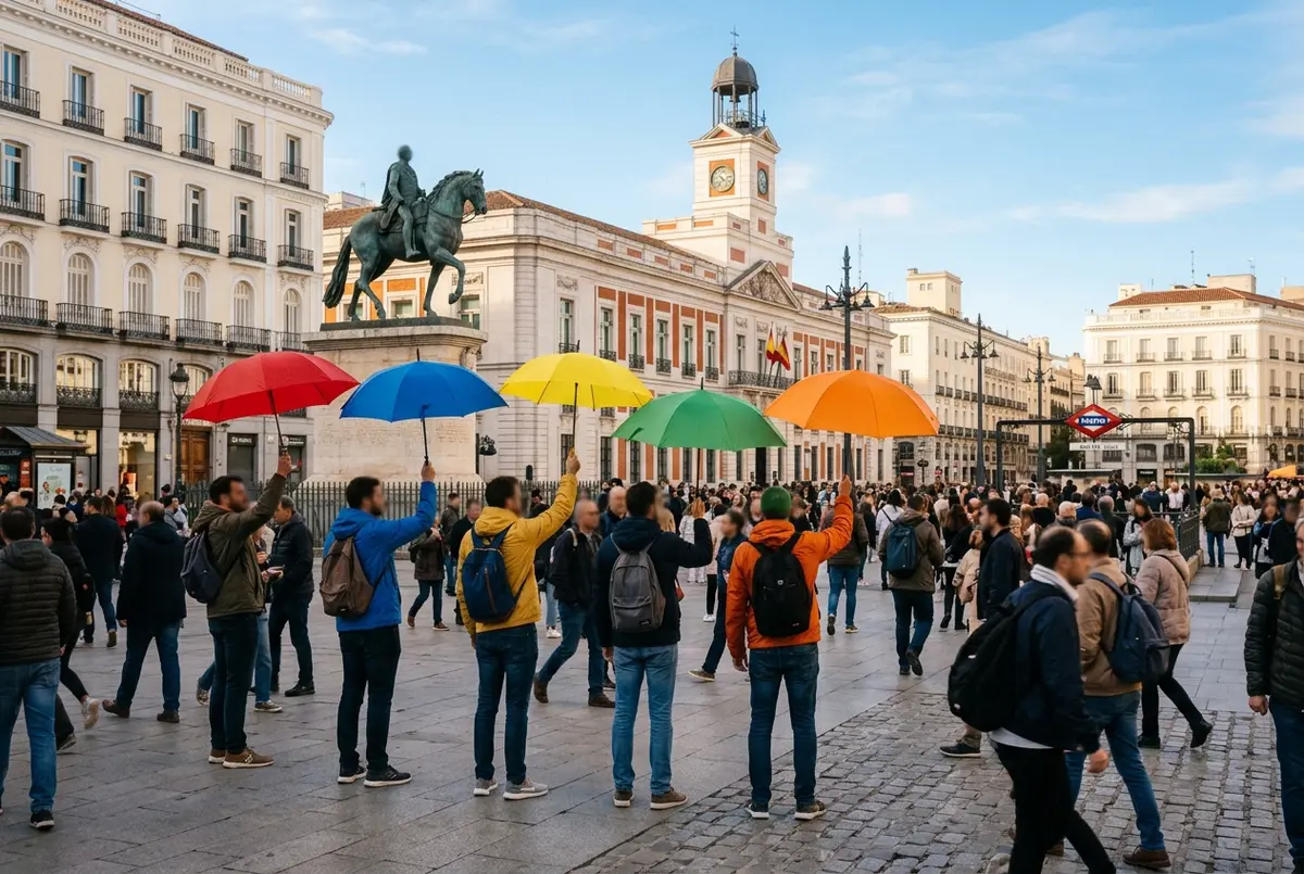 Varios guias turisticos con paraguas de colores distintos esperando a sus grupos de mejores free tours madrid en la Puerta del Sol a media manana