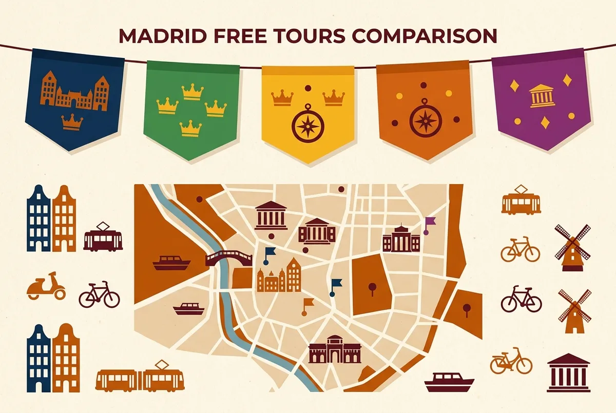 Infografía comparando cinco banderines de colores genericos que representan las principales empresas de mejores free tours madrid junto a iconos de punto de encuentro en un mapa simplificado del centro