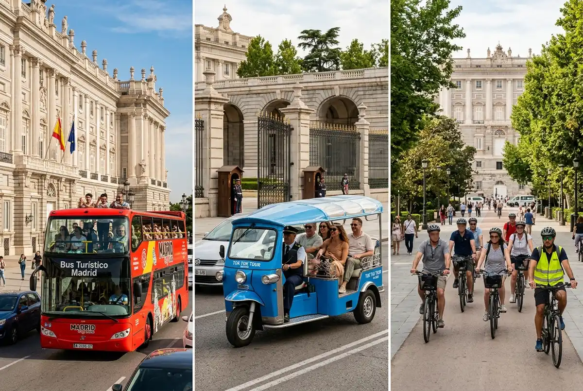 Tres escenas lado a lado en Madrid mostrando un bus turístico de dos pisos, un tuk tuk electrico y ciclistas en tour guiado cerca del Palacio Real, representando bus bici o tuk tuk madrid