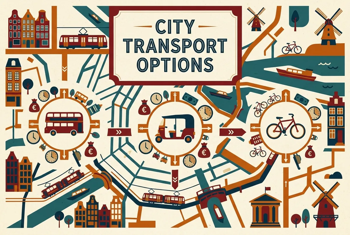 Infografía comparando bus turístico, tuk tuk y tour en bici en Madrid con iconos genéricos de precio y duración para bus bici o tuk tuk madrid
