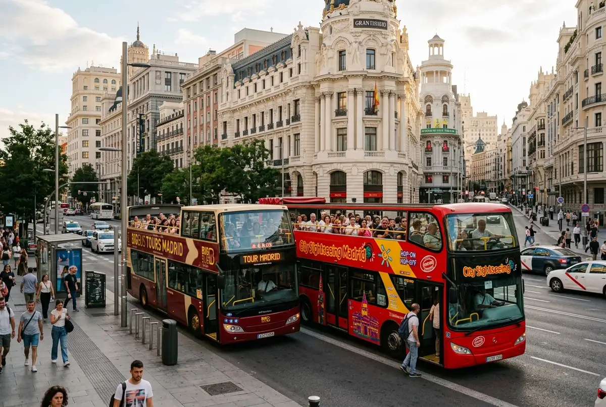 Two open top double decker buses, one branded big bus tour madrid and one city sightseeing, parked side by side near Gran Via