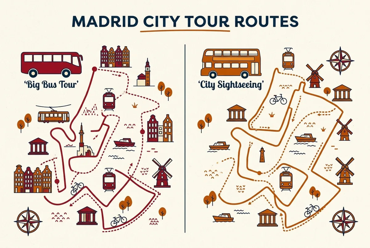 Comparison infographic showing big bus tour madrid and city sightseeing madrid route maps side by side with generic route line icons and no price text