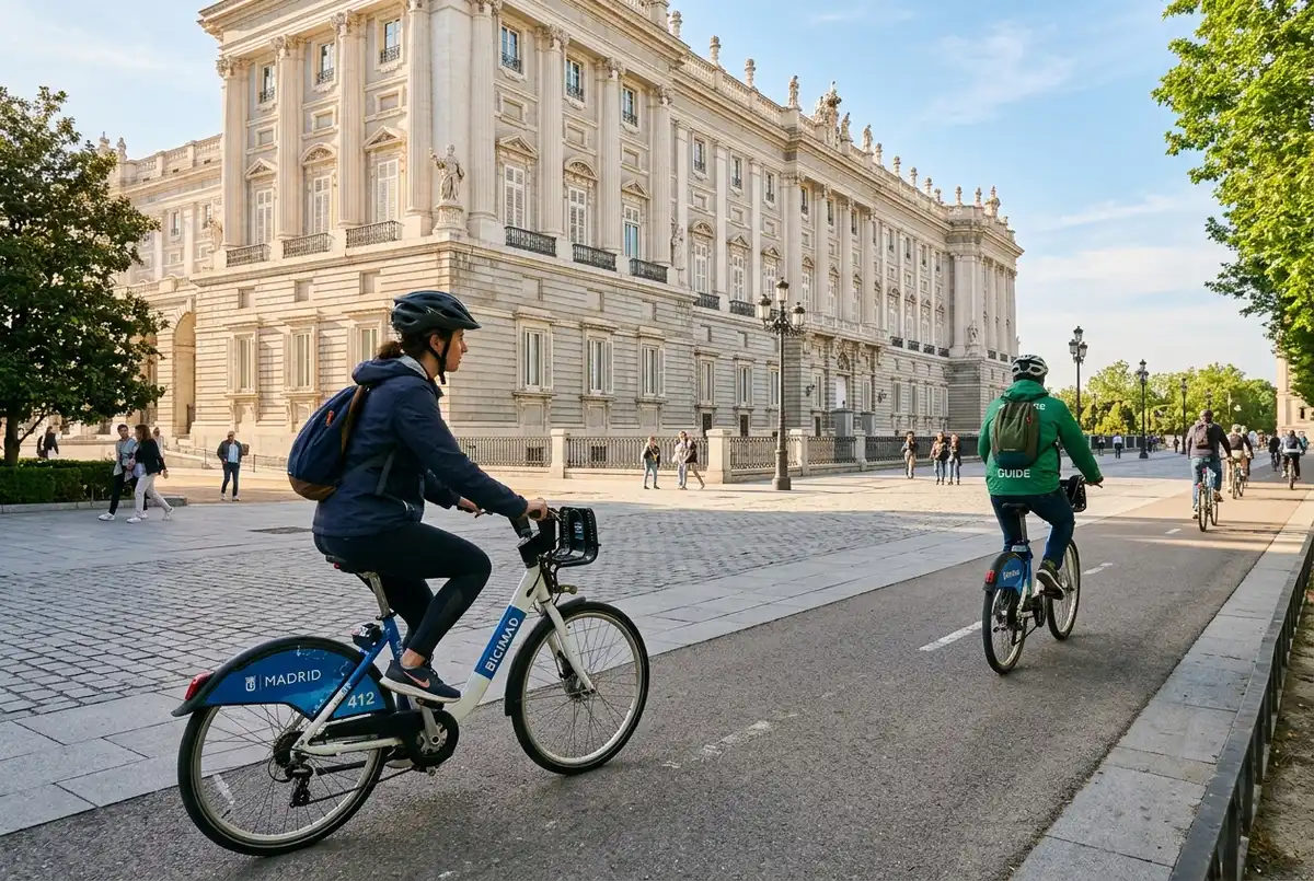Ciclista montando una bici de alquiler junto al Palacio Real en una ruta matinal del bike tour madrid con un guía local abriendo camino