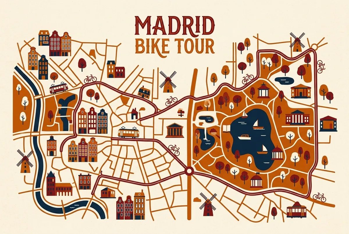 Mapa sencillo de la ruta del bike tour madrid por el Palacio Real, el Retiro y Cibeles con etiquetas genéricas de ubicación