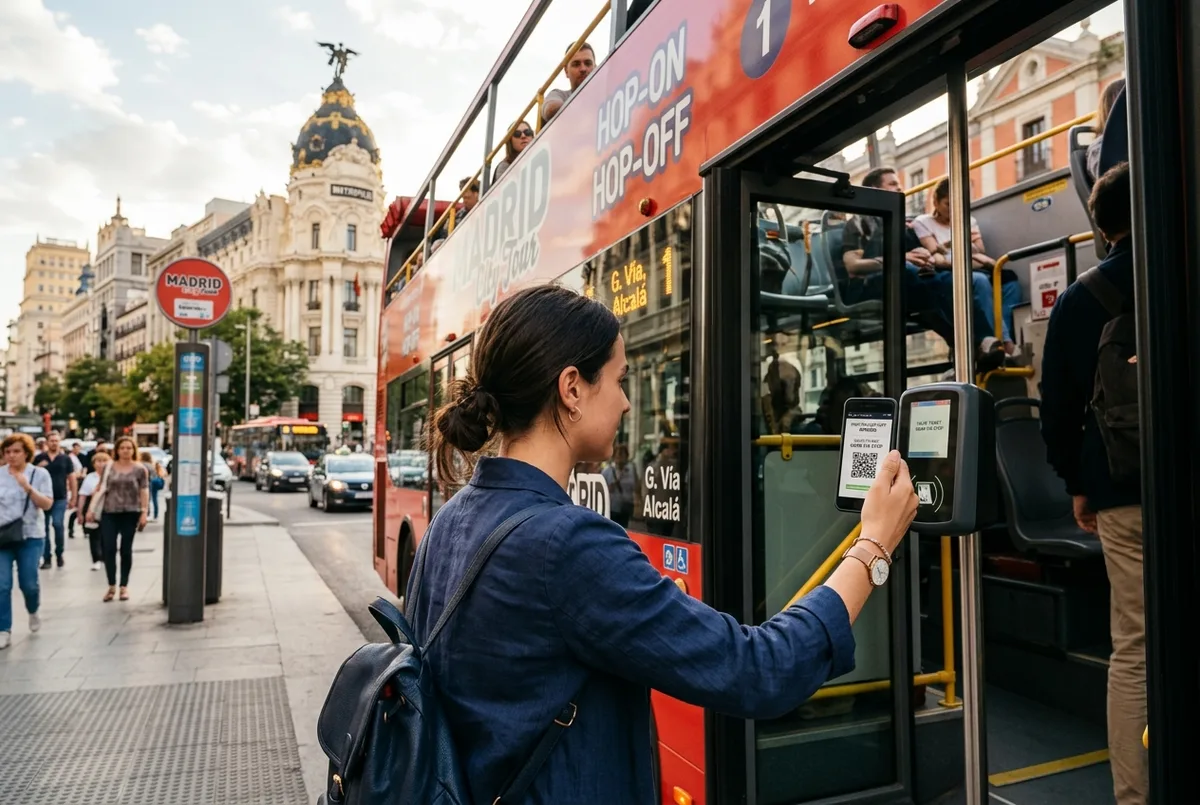 Voyageur tenant son téléphone avec un billet get your guide madrid en QR code avant de monter dans un bus à impériale près de la Gran Via