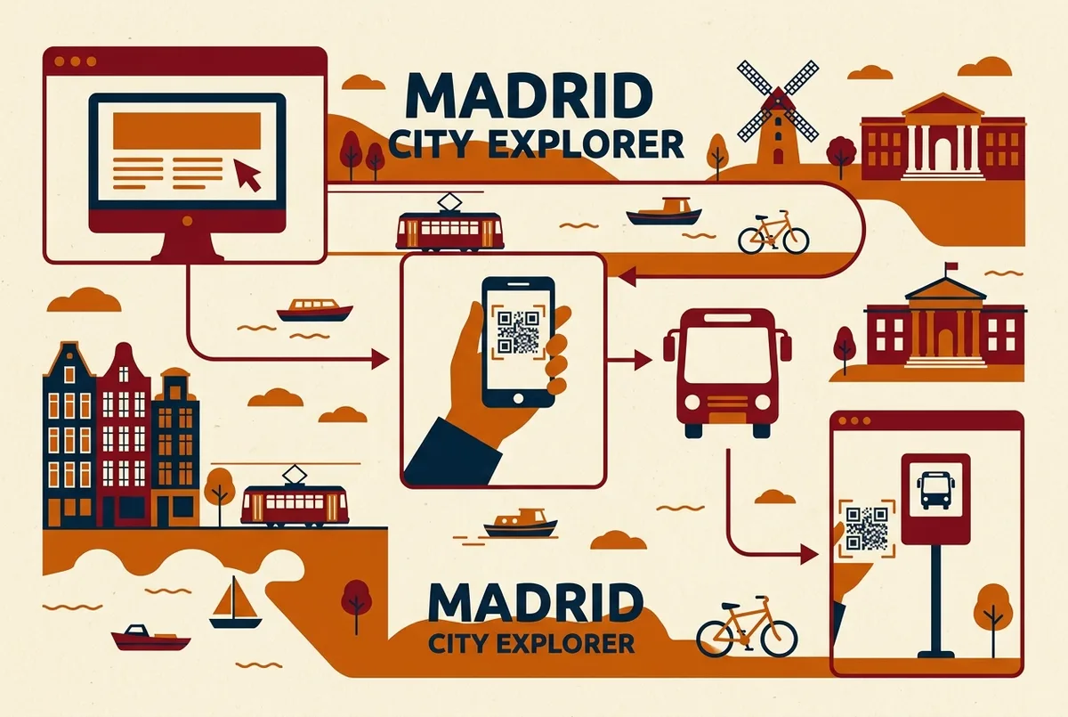 Graphique de type plan montrant le parcours d'achat get your guide madrid, de la réservation en ligne au scan du QR code mobile à un arrêt de bus symbolisé par une icône