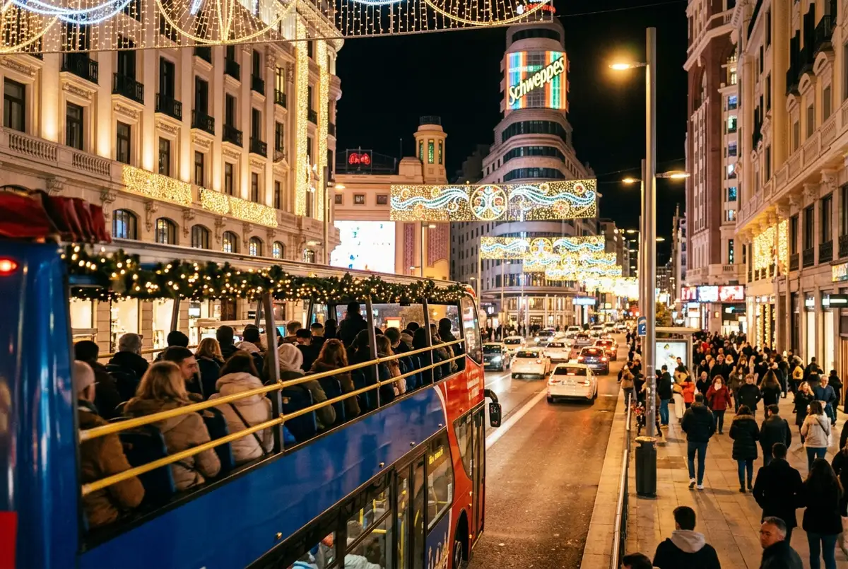 Autobus turistico descubierto pasando por la Gran Via de Madrid decorada con luces de navidad durante el recorrido bus turistico madrid navidad