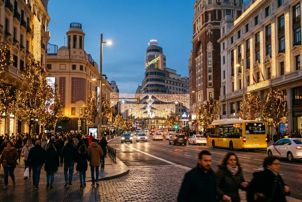 Calle Gran Via de Madrid decorada con luces de navidad recien encendidas al anochecer, ilustrando cuando se encienden las luces de navidad en madrid