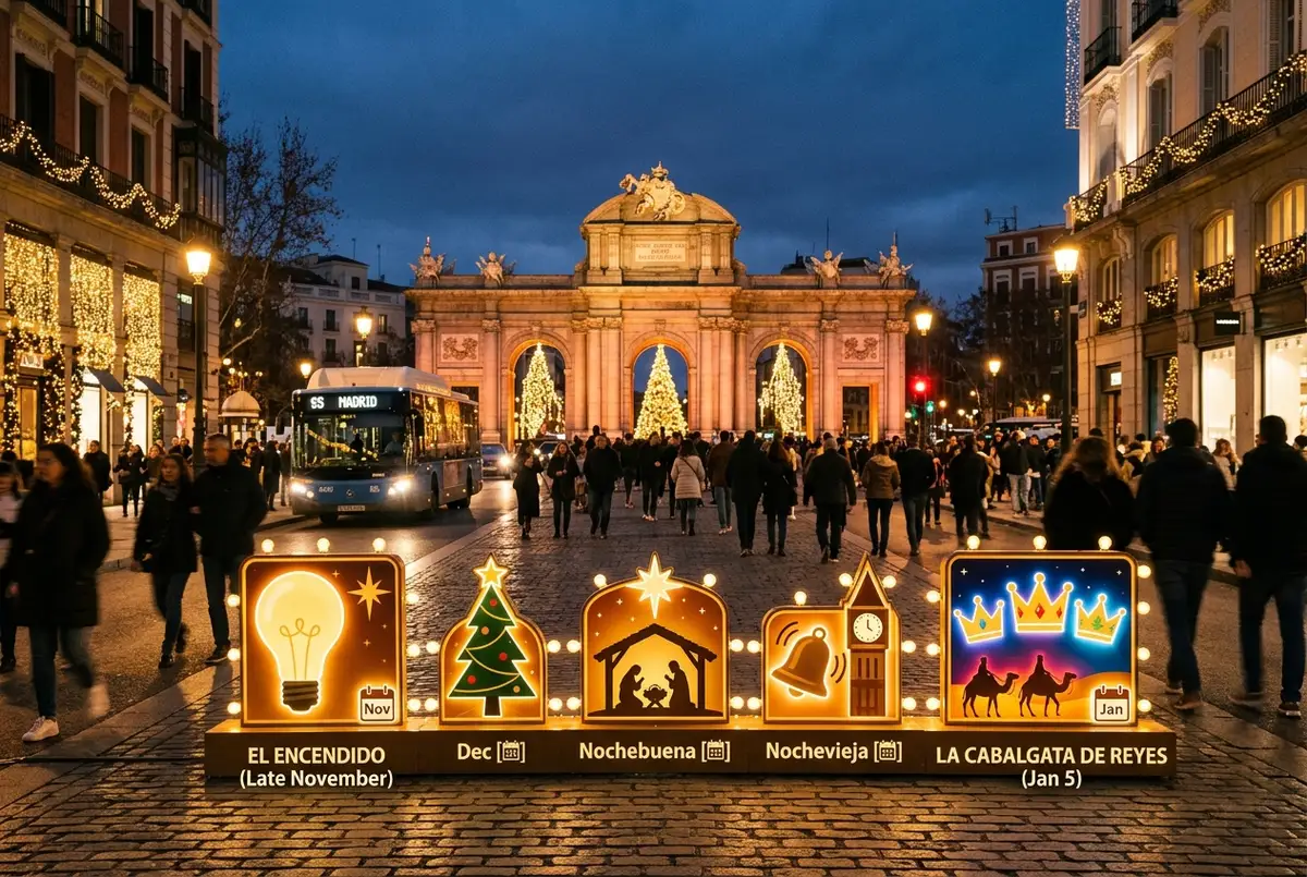 Calendario simplificado de la temporada de luces de navidad en Madrid desde el encendido hasta la Cabalgata de Reyes con iconos genericos de fechas