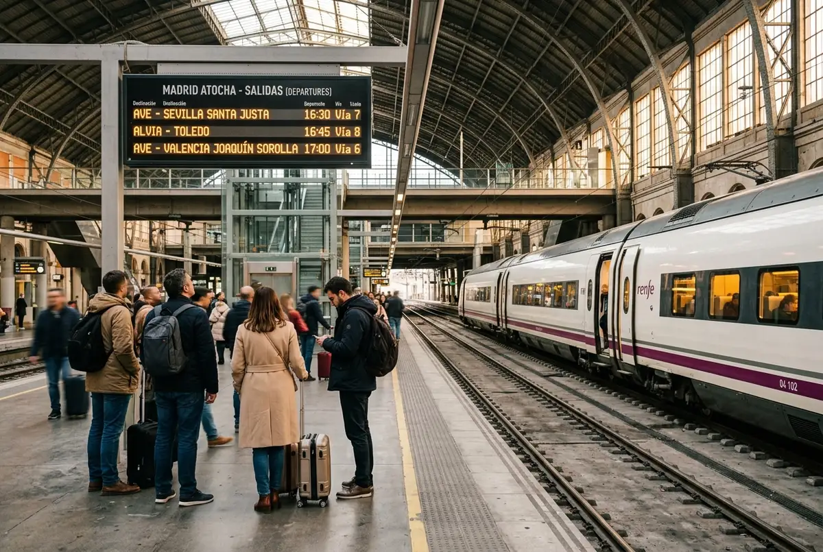 Madrid Atocha train station platform with a high-speed AVE train, travelers checking departure boards for day trips from madrid