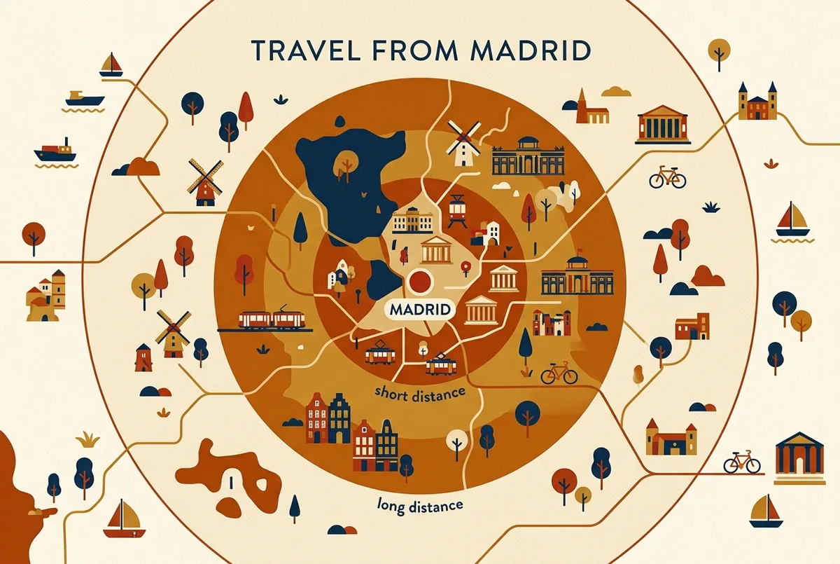 Simple map infographic of day trip destinations from Madrid, generic distance rings around the city marking short, medium and long-distance towns