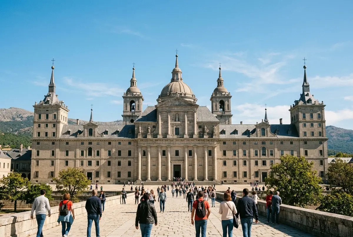 Grand grey stone facade of the El Escorial monastery under a clear sky, a classic day trip to el escorial from madrid scene