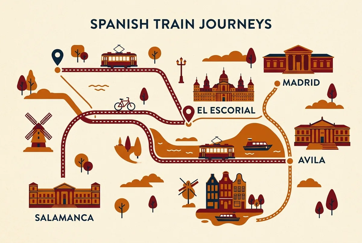 Simple route map showing Madrid, El Escorial, Avila and Salamanca connected by train lines, generic pins for a day trip to el escorial from madrid