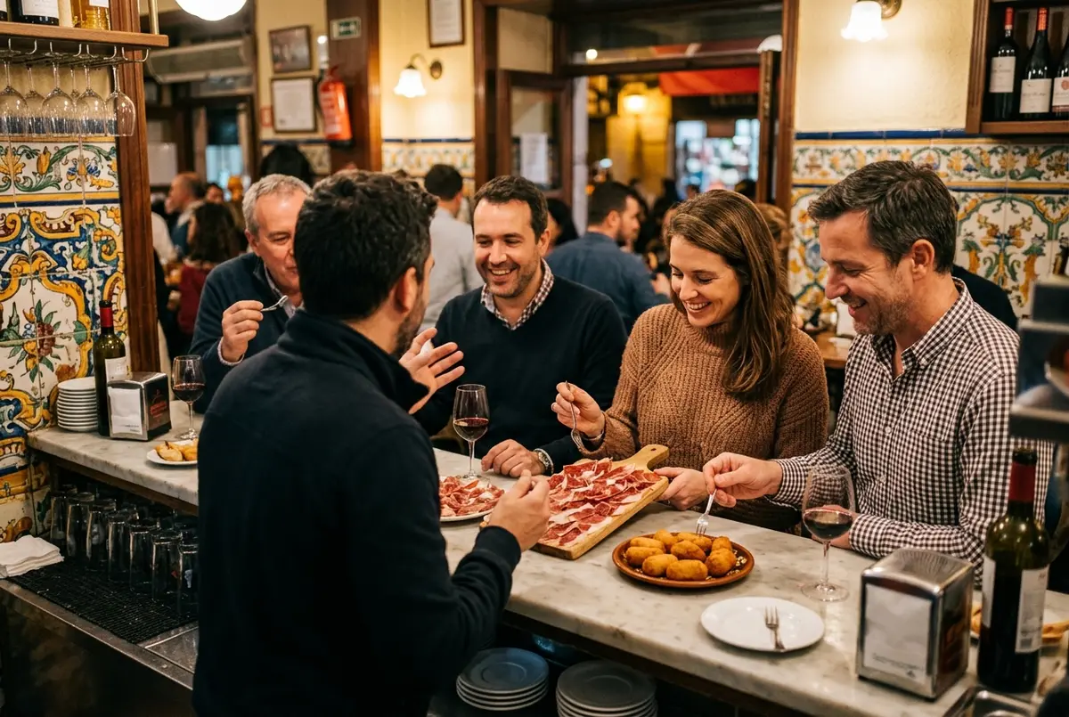 Small group sampling jamon and croquetas at a traditional tiled tapas bar counter during a food tour madrid evening