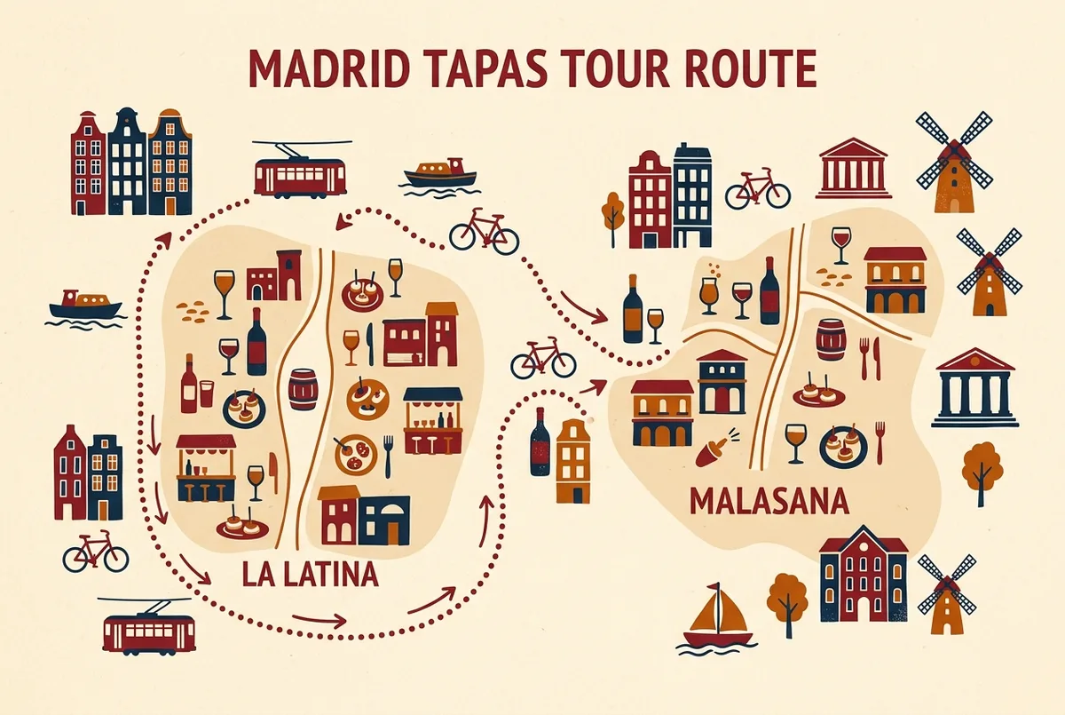Simple infographic mapping La Latina and Malasana tapas bar clusters for a food tour madrid route with generic bar icons and no prices