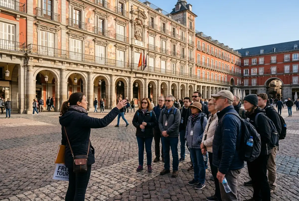 Grupo de turistas escuchando a un guia de free tour madrid de los austrias frente a la fachada porticada de la Plaza Mayor a media manana