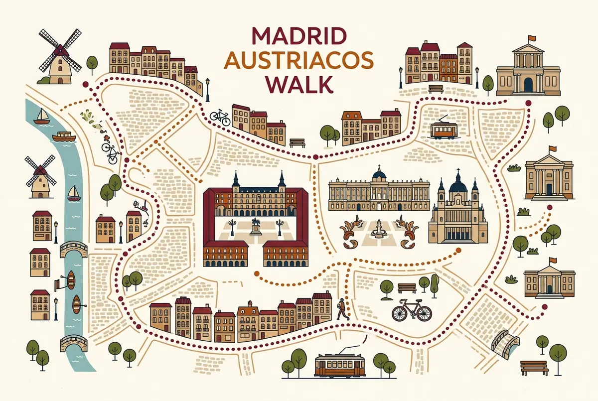Infografía tipo mapa mostrando el recorrido a pie del free tour madrid de los austrias con iconos genericos marcando Plaza Mayor, Palacio Real y Catedral de la Almudena en el centro historico