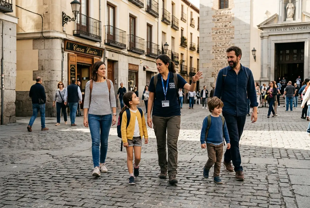Familia con dos niños siguiendo a un guia de free tour madrid en familia por una plaza empedrada del centro historico a media manana