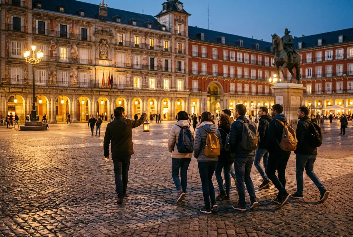 Grupo de turistas siguiendo a un guia con linterna durante un free tour nocturno madrid por una Plaza Mayor iluminada al anochecer