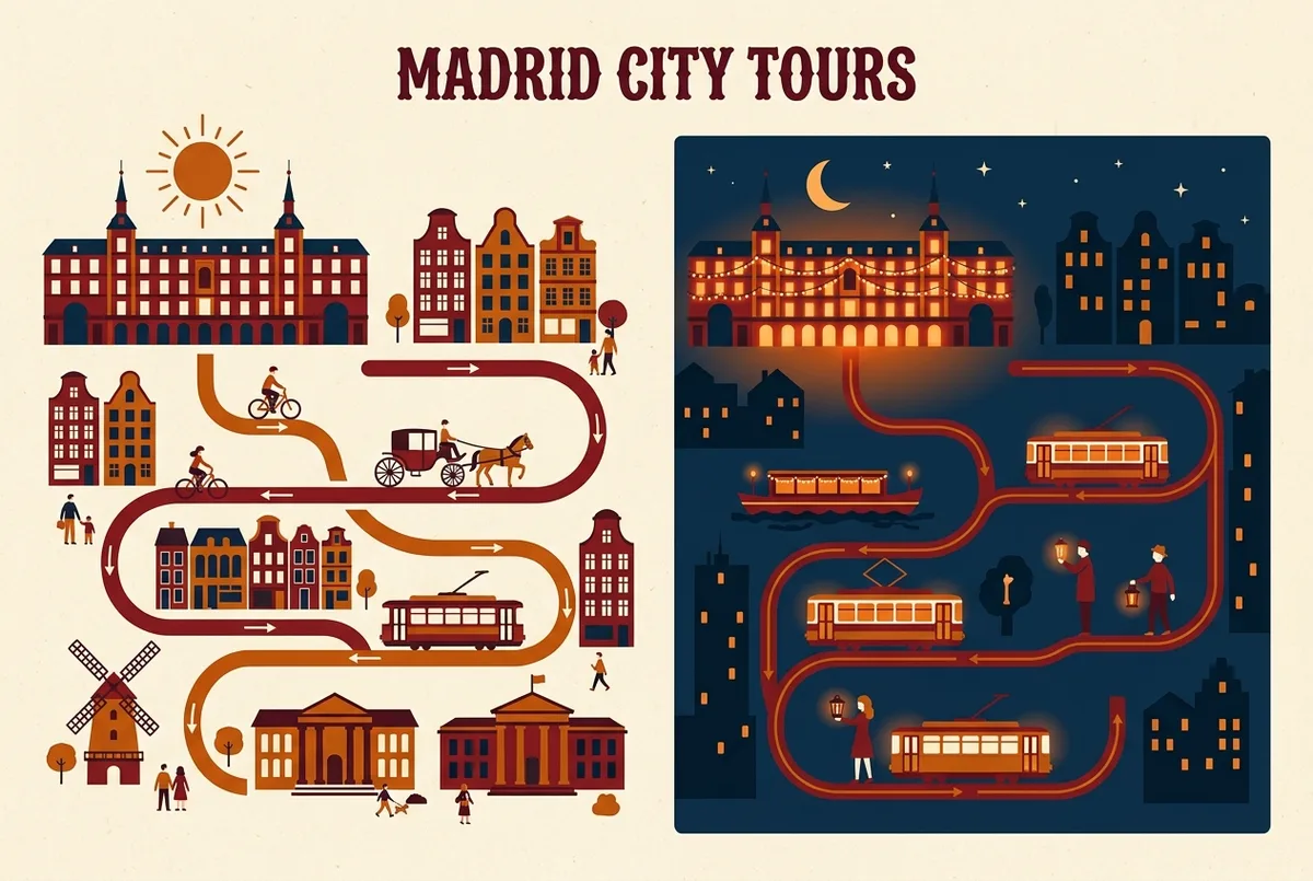 Infografía mostrando el mismo icono de Plaza Mayor en dos versiones, una diurna con sol y otra nocturna iluminada, comparando la ruta de free tour nocturno madrid frente a la version de dia
