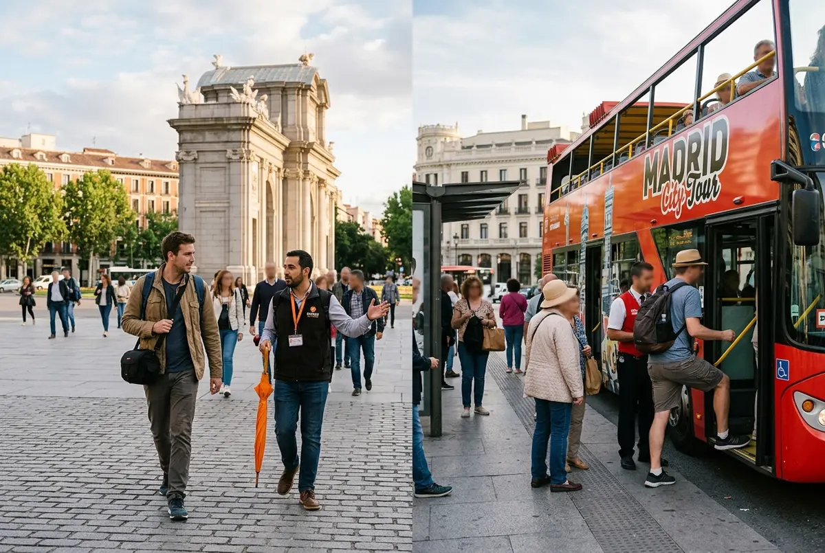 Comparacion visual de un turista caminando junto a un guia de free tour o bus turistico madrid a un lado y subiendo a un autobus turistico de dos pisos al otro lado en una plaza del centro