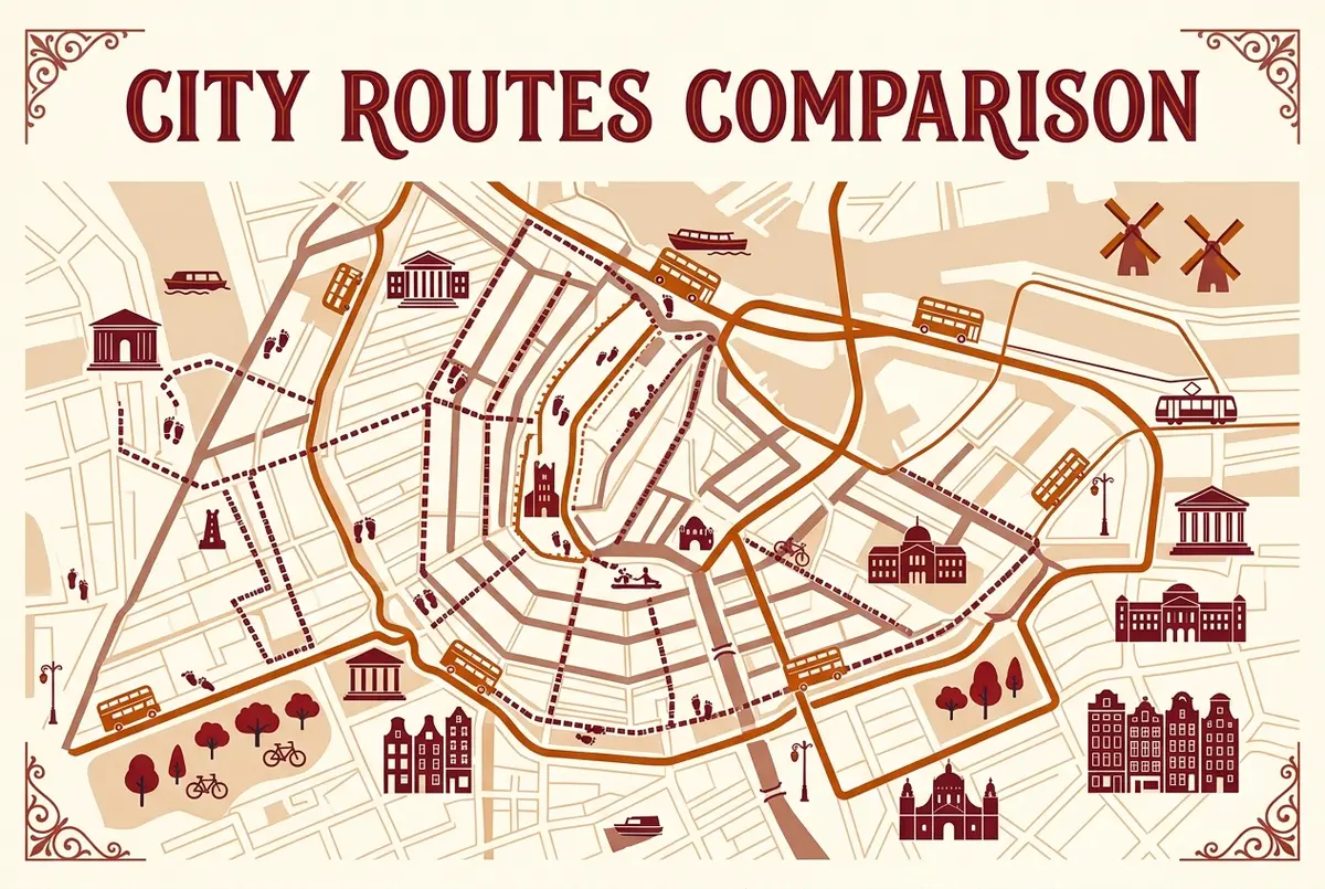 Infografía simple mostrando dos rutas superpuestas sobre un mapa generico del centro de Madrid, una a pie en color y otra en linea de autobus, comparando free tour o bus turistico madrid