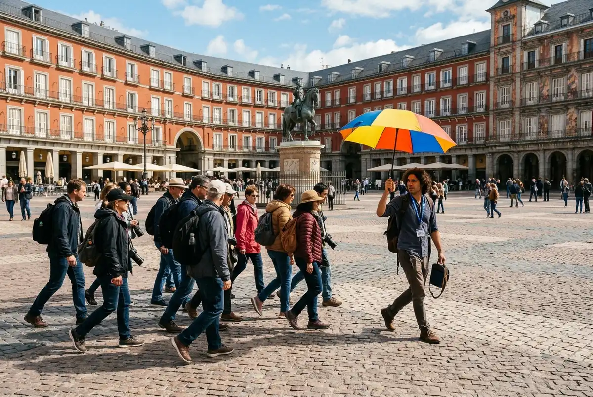 Grupo de turistas siguiendo a un guia local con paraguas de colores durante un madrid free tours por la Plaza Mayor a media manana