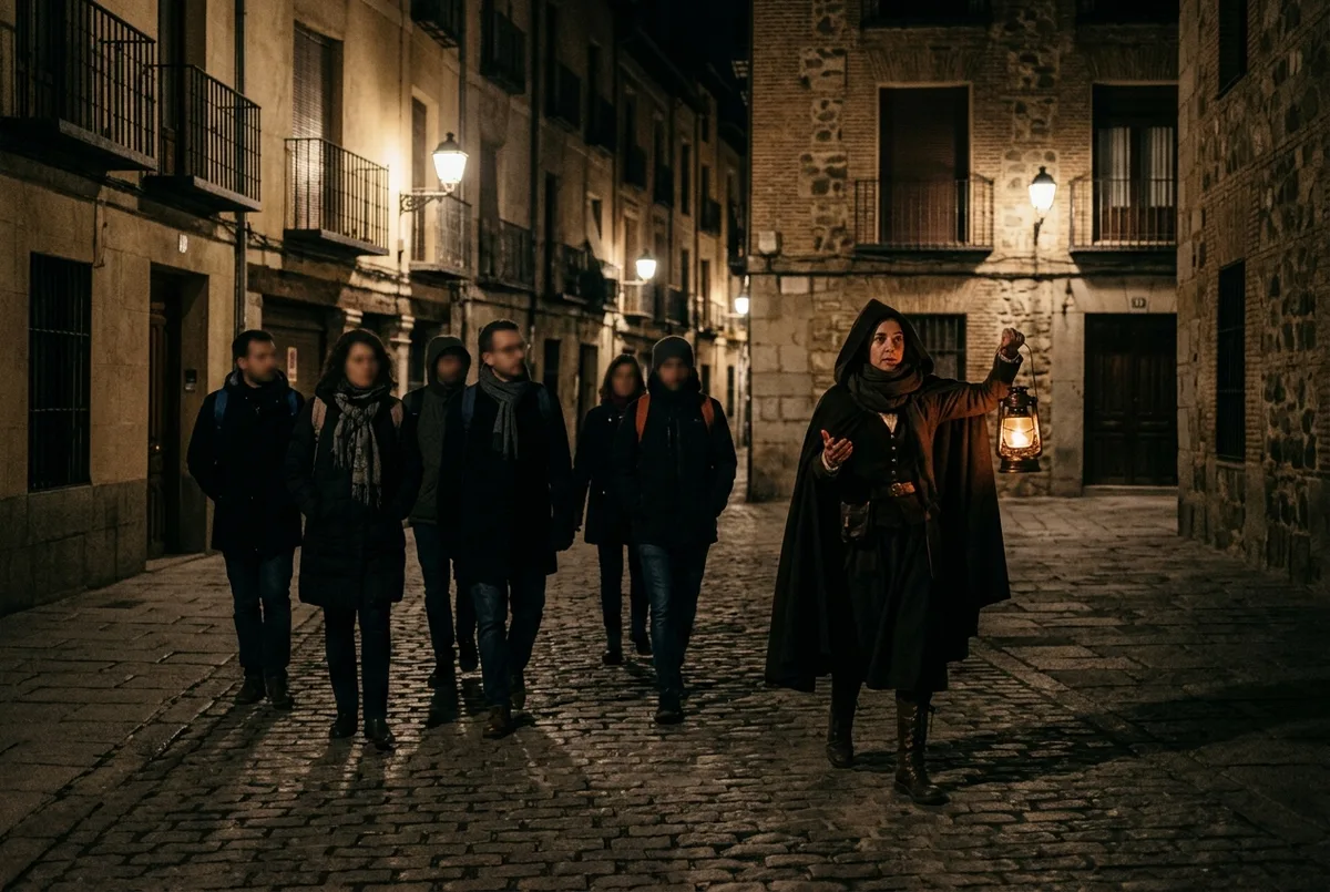 Guide holding a lantern leading a small group through a shadowy old town square on a madrid ghost tour at night