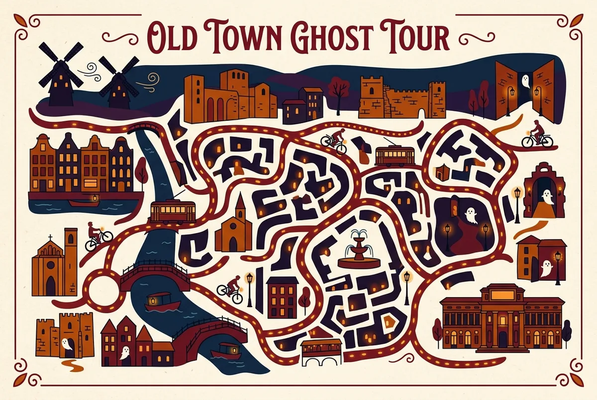 Simple night map infographic showing a madrid ghost tour route through the old town's narrow lanes and legend-heavy squares, generic location labels only