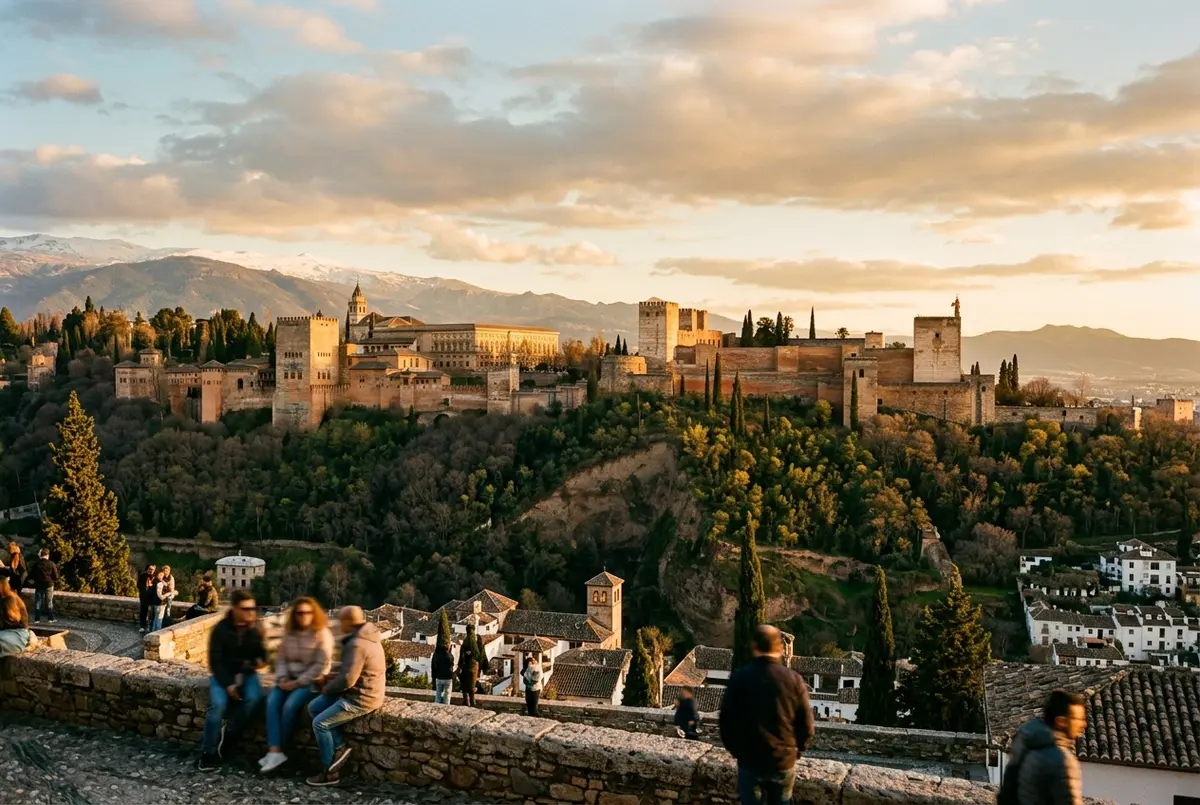 Sweeping view of the Alhambra fortress on its hillside in Granada at golden hour, the classic image behind a day trip from madrid to granada
