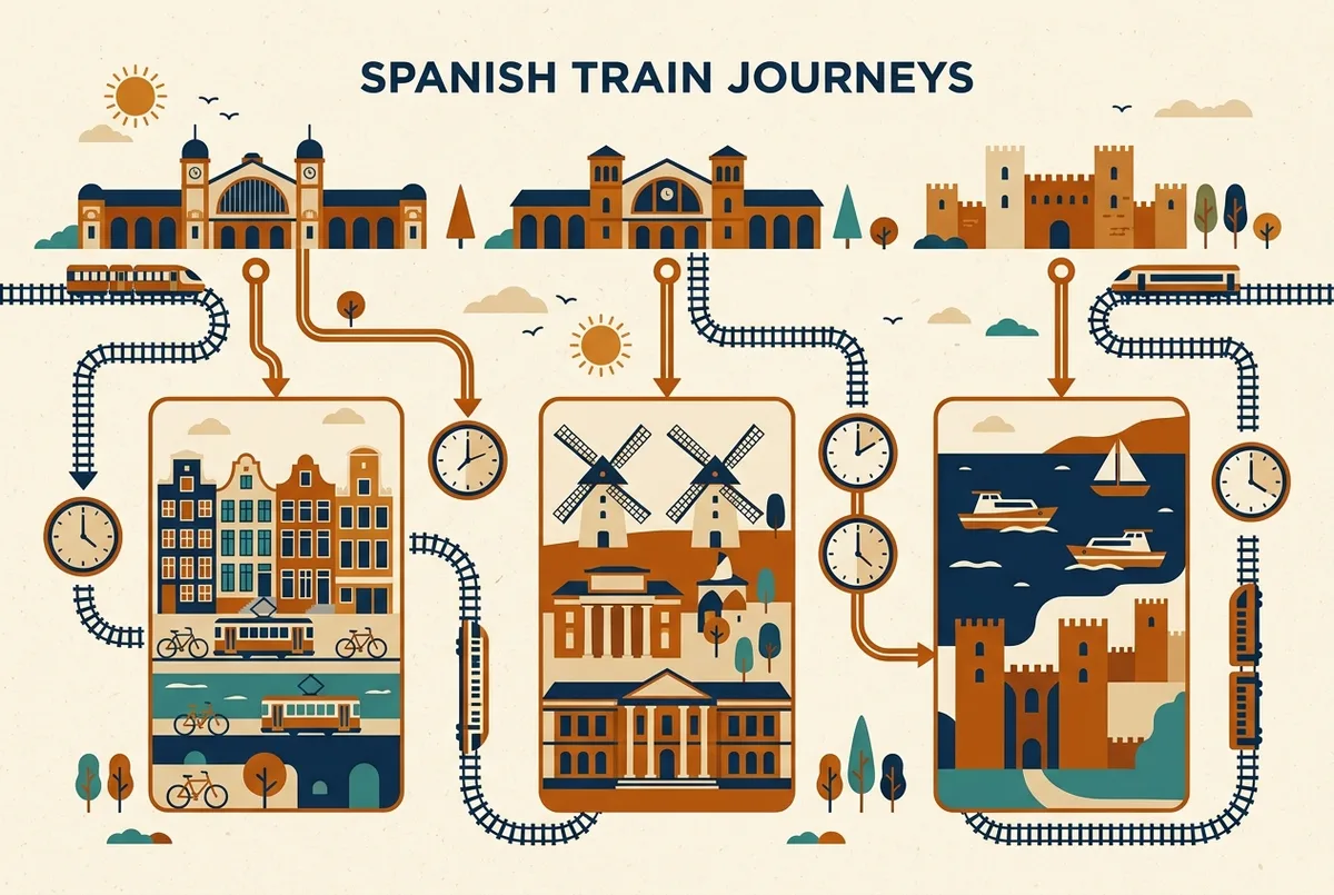 Simple travel-time comparison chart of Madrid to Toledo, Cordoba and Granada by train, generic clock icons and route lines, no numbers or prices