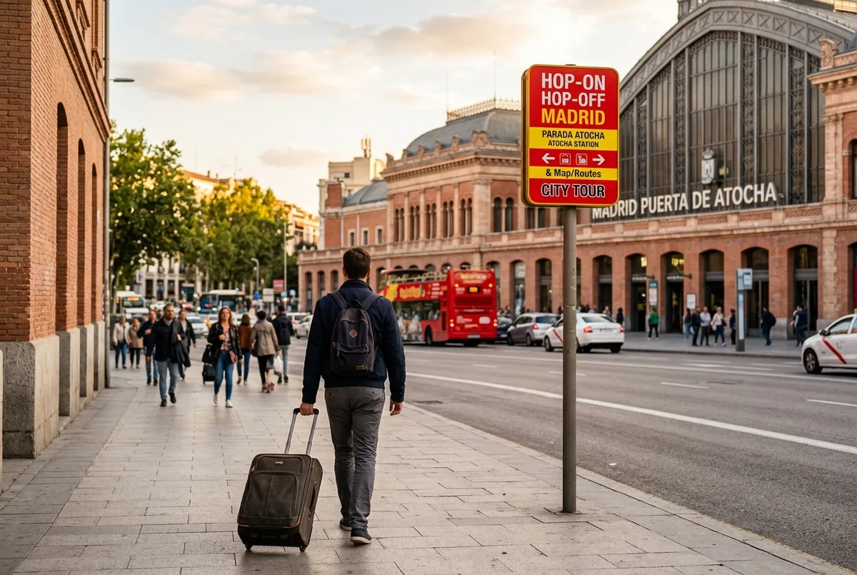 Viajante com mala a caminhar em direção a um sinal de paragem hop on hop off madrid atocha perto da estação de Atocha de manhã