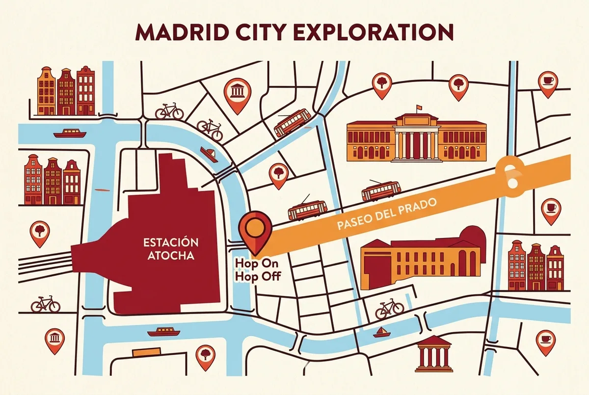 Mapa senzill marcant la ubicació de la parada hop on hop off madrid atocha respecte a l'estació i el Paseo del Prado amb icones genèriques de pin sense text de preus