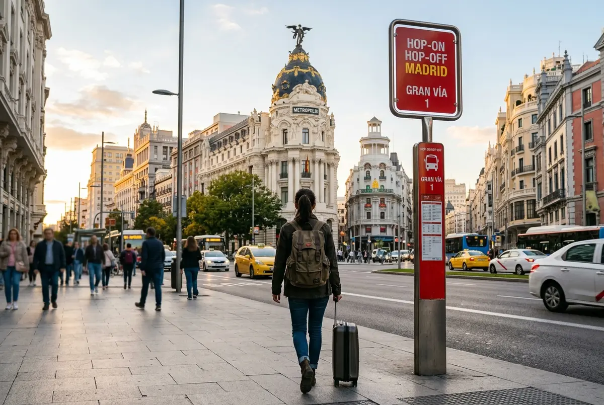 Voyageur avec une valise marchant vers un arrêt hop on hop off madrid atocha près de la gare d'Atocha, lumière du matin