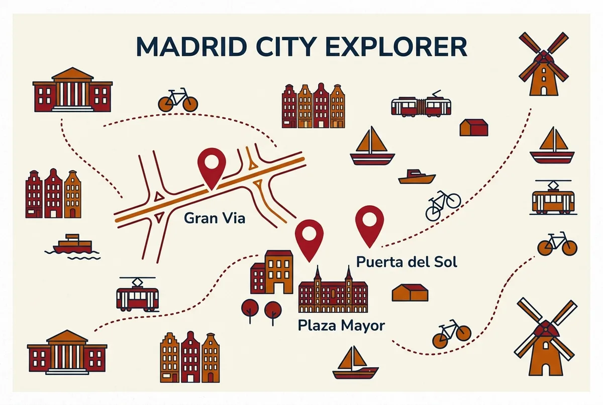 Grafica di mappa semplice che segna la posizione della fermata hop on hop off madrid atocha rispetto a Puerta del Sol e Plaza Mayor con icone generiche a forma di spillo