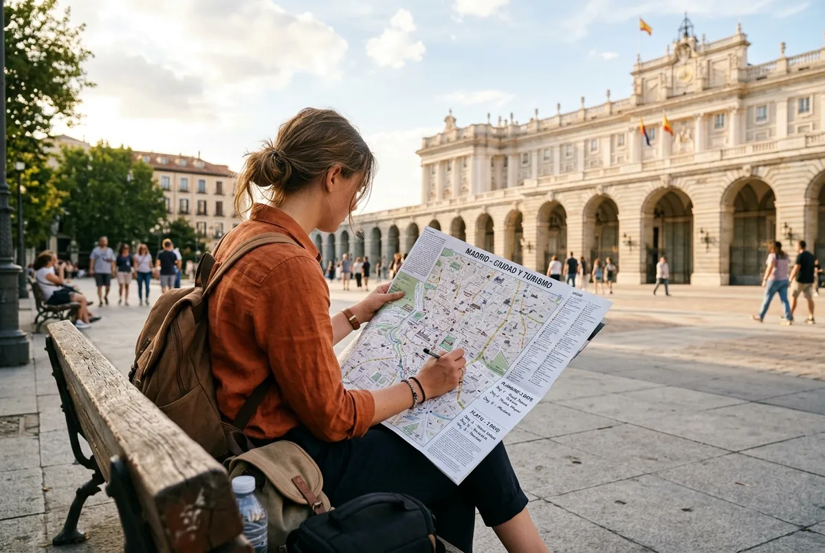 Traveler checking a paper city map on a Madrid plaza bench with the Royal Palace in the background, planning what to do in madrid for 3 days