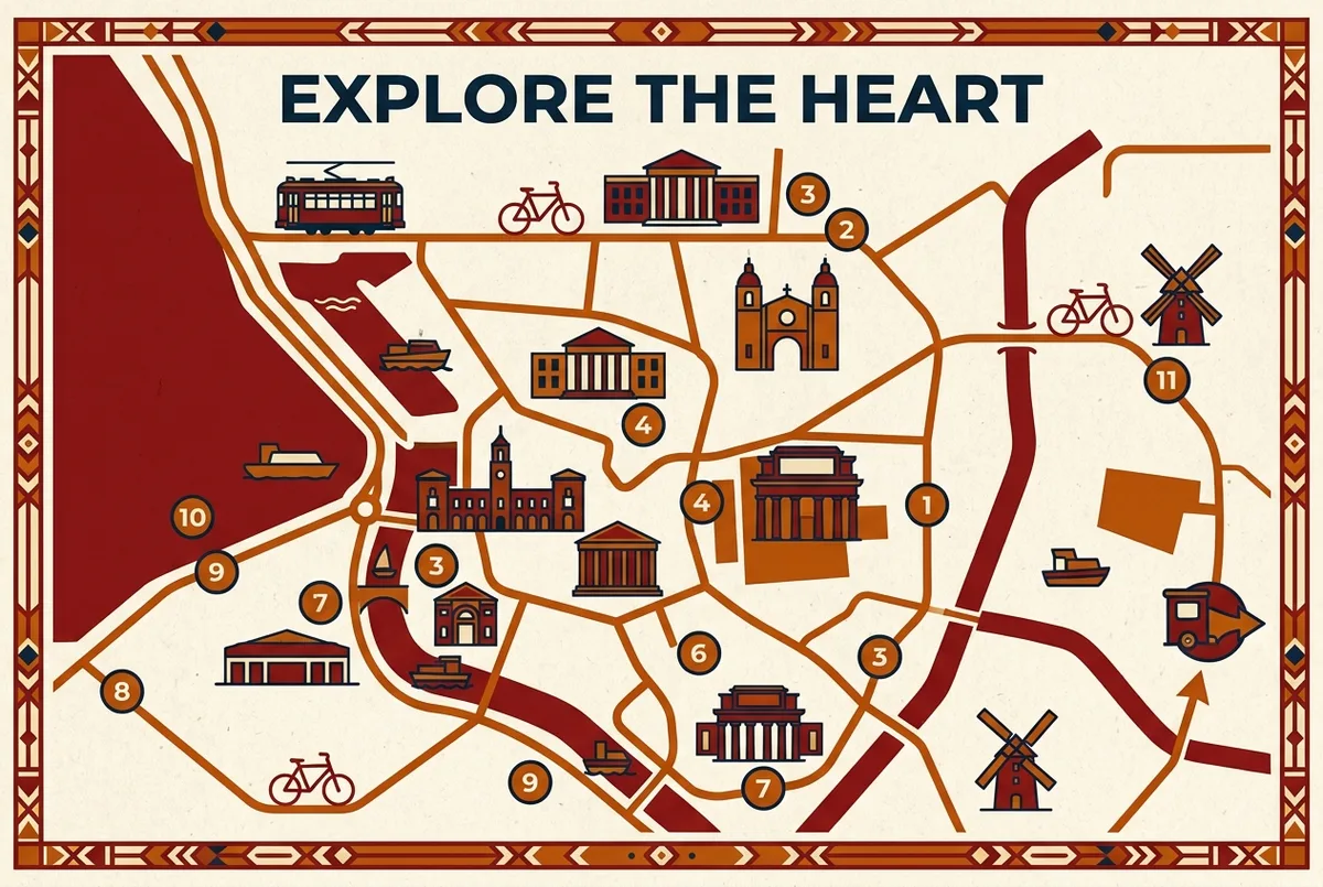 Simple day-by-day itinerary map of Madrid, generic numbered stops for the historic center, museums and a day trip icon at the edge