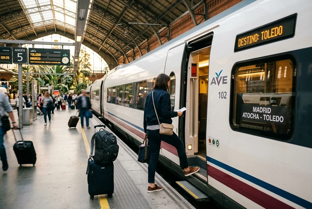 Traveler stepping onto an AVE high-speed train at Madrid Atocha station platform, ready for a trip to toledo from madrid