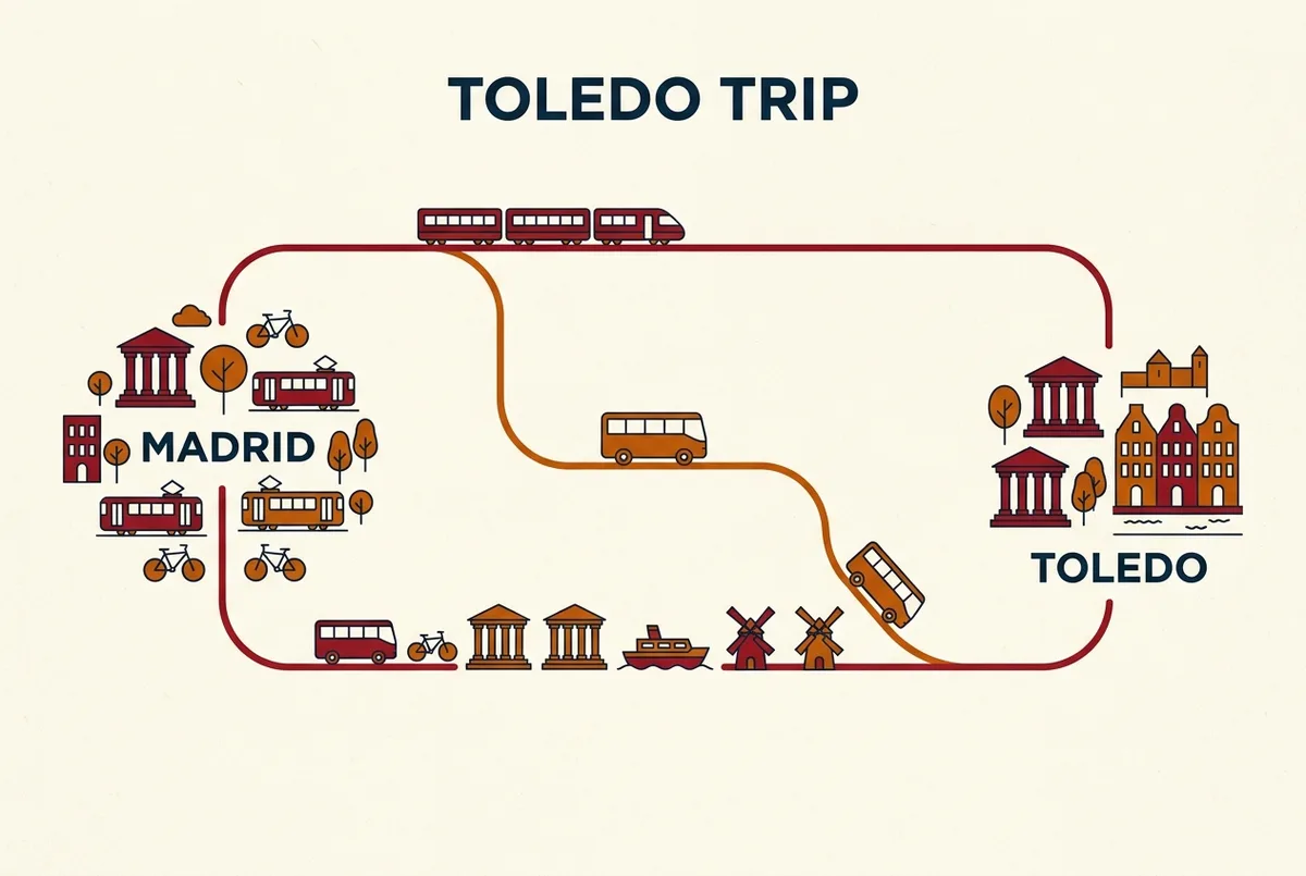 Simple infographic comparing train, bus and guided tour icons on a route between Madrid and Toledo, illustrating a trip to toledo from madrid