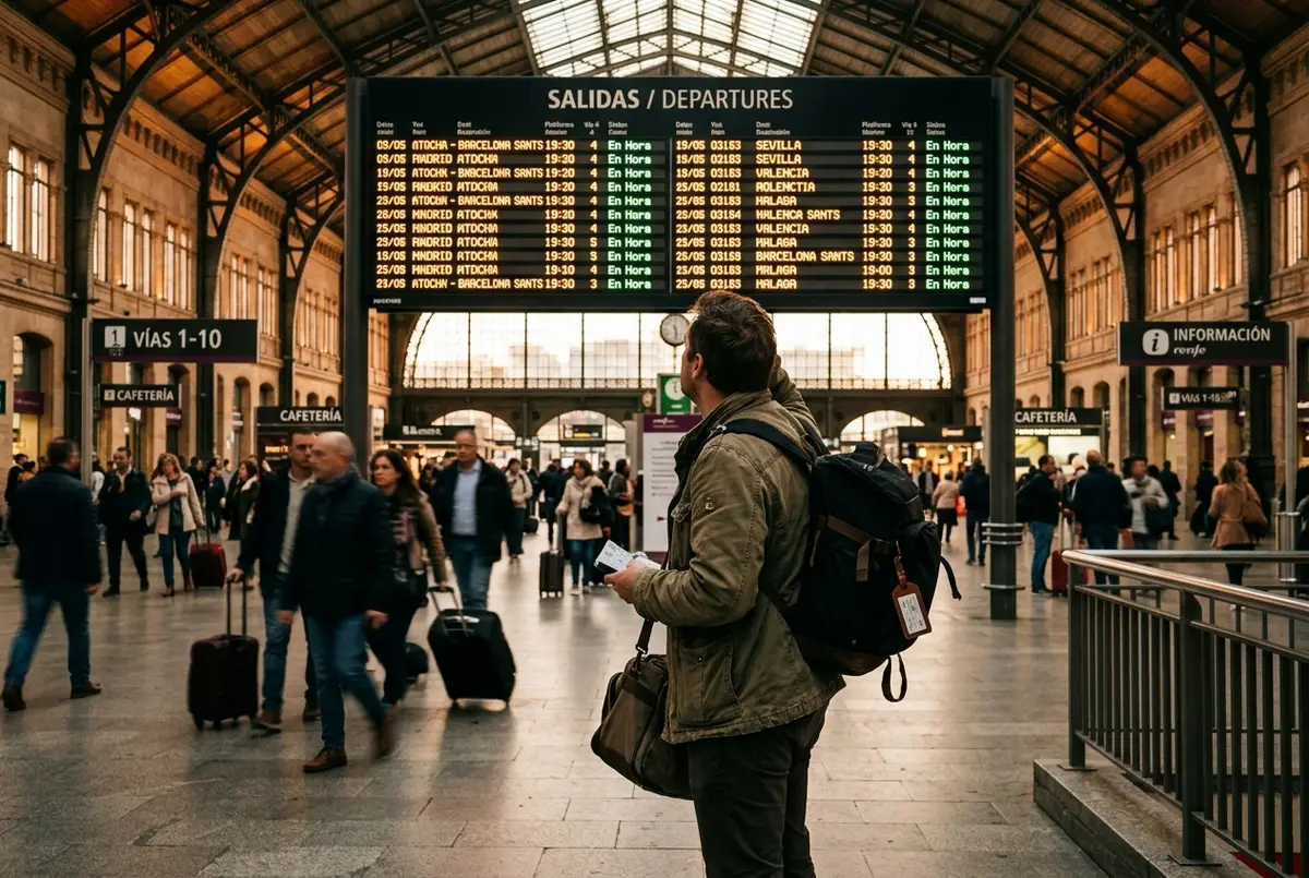 Tired traveler checking a train departure board at Madrid Atocha station in the evening, weighing whether a day trip to barcelona from madrid worth it debate is settled