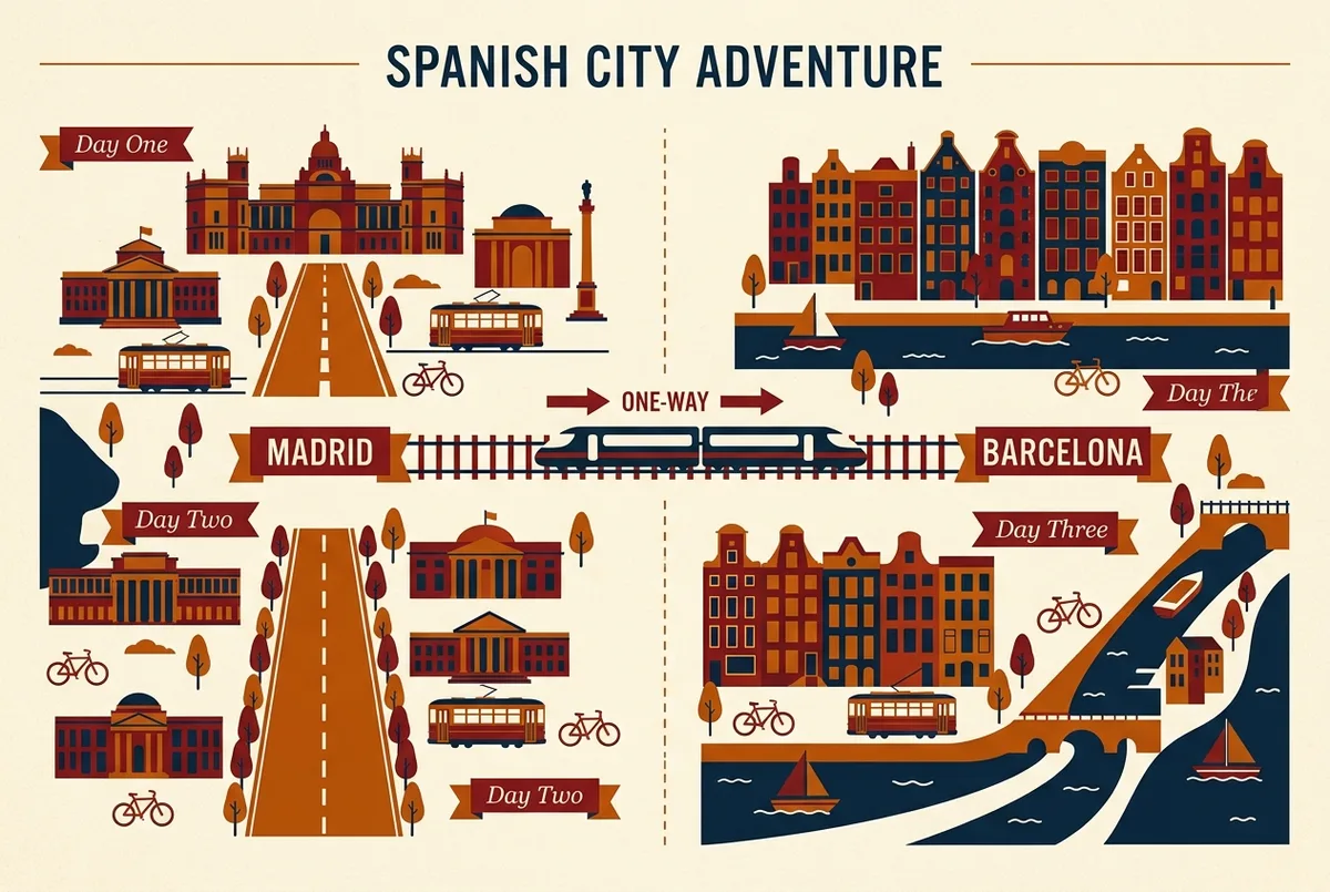 Simple two-city itinerary infographic showing a split Madrid and Barcelona trip with a one-way train transfer, generic day labels and no prices