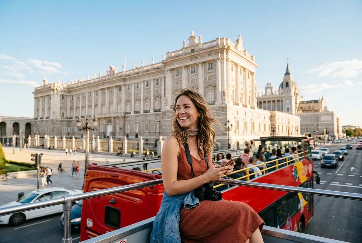 Voyageuse souriante à l'étage supérieur ouvert d'un madrid hop on hop off bus reviews devant le Palais Royal en milieu de journée