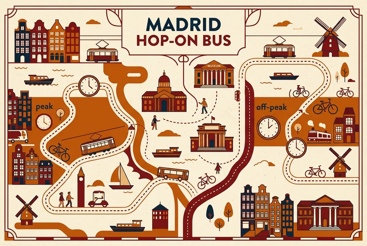 Infographie comparant le temps de trajet du madrid hop on hop off bus reviews aux heures creuses et aux heures de pointe, icônes génériques d'horloge sans mention de prix