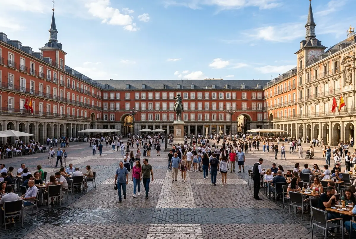 Wide daytime view of a busy Madrid plaza with cafes and pedestrians, illustrating why is madrid worth visiting for first-time travelers
