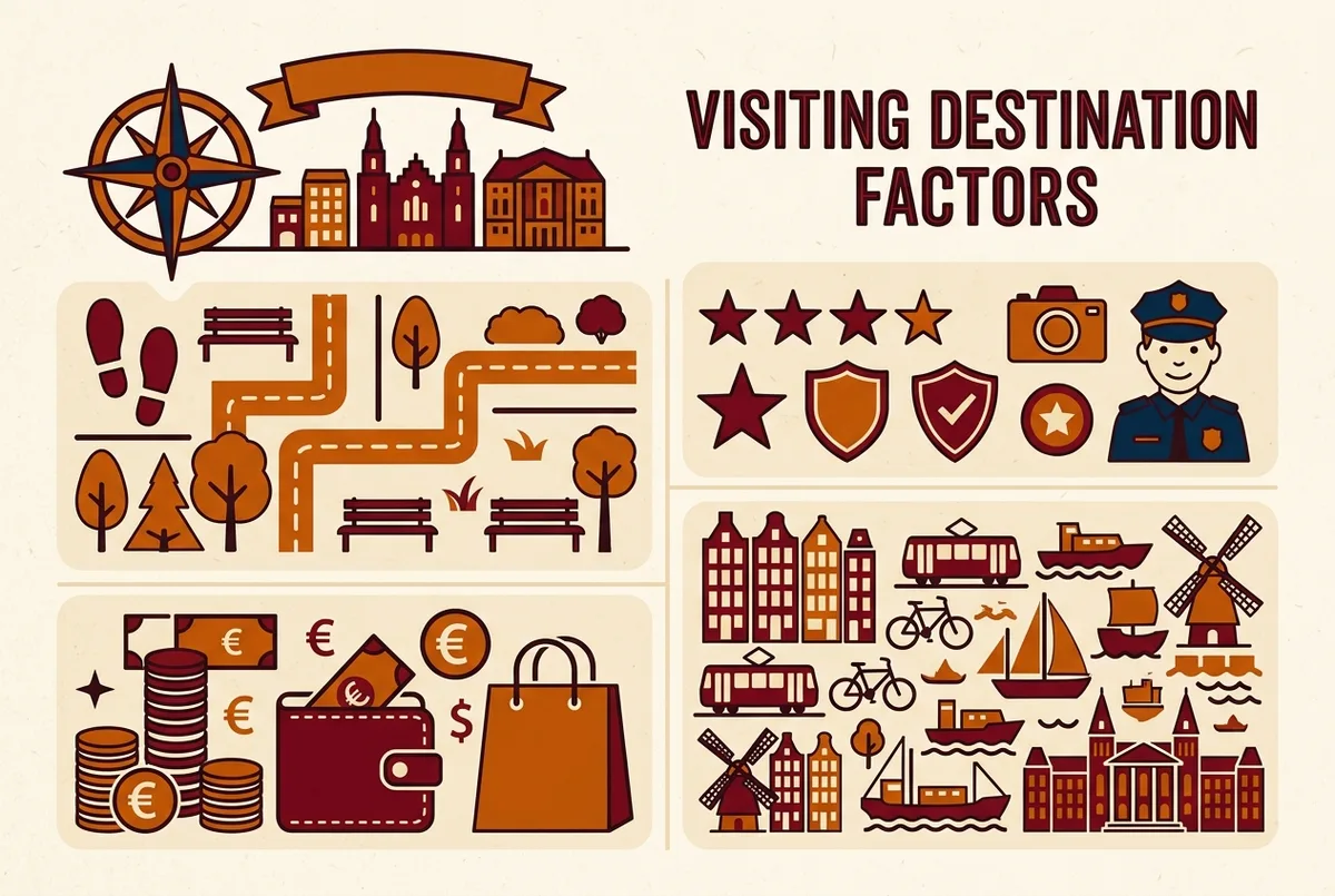 Simple infographic comparing is madrid worth visiting factors, generic icons for walkability, safety, cost and sightseeing density