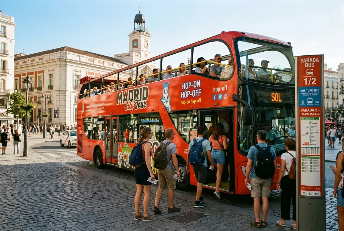 Turista a olhar para um poste vermelho de paragem do does madrid have a hop on hop off bus junto a um autocarro de dois andares na Puerta del Sol